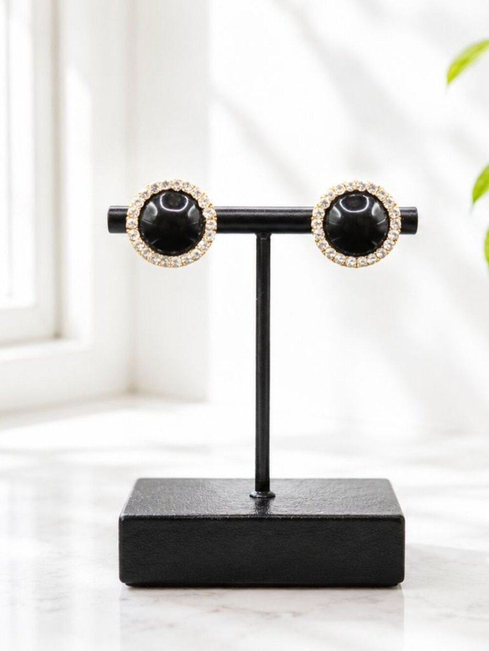 Vintage Gold-Tone Clip-On Earrings With Black Center & Rhinestone Accent